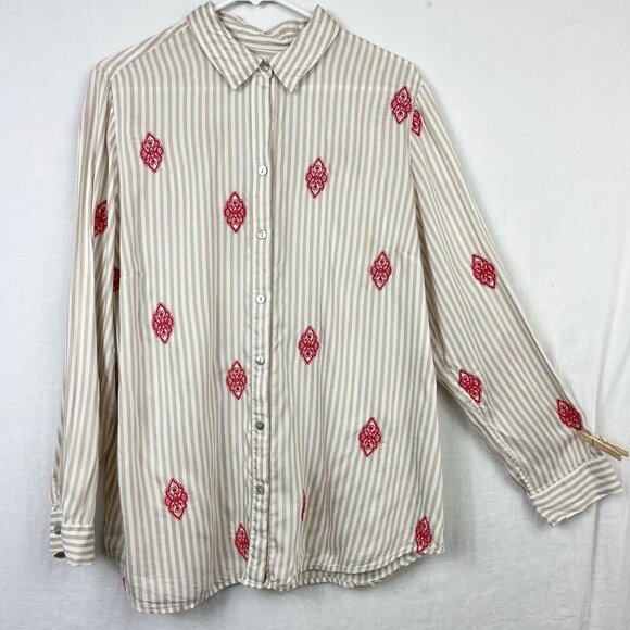 Chicos Long Sleeve Button Up Shirt Womens L Embroidered Striped 90s Streetwear - Picture 1 of 8